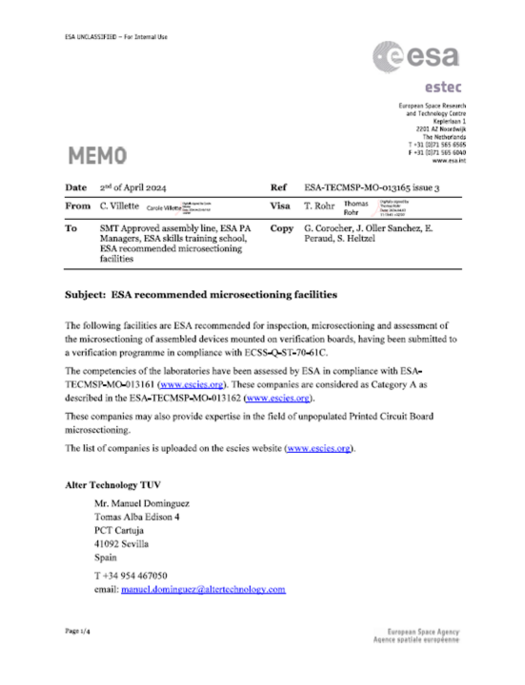 ESA TECMSP MO 013165 Microsectioning facilities list